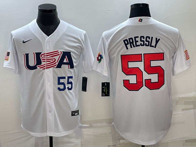 Men 2023 World Cub USA 55 Pressly White Nike MLB Jersey1